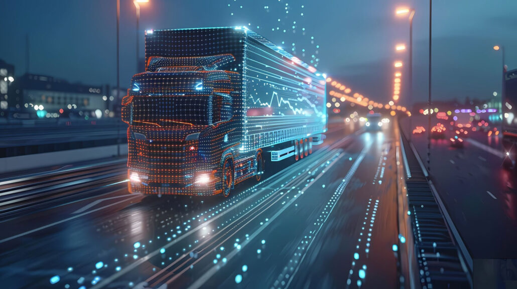 Futuristic truck driving on highway with data points.